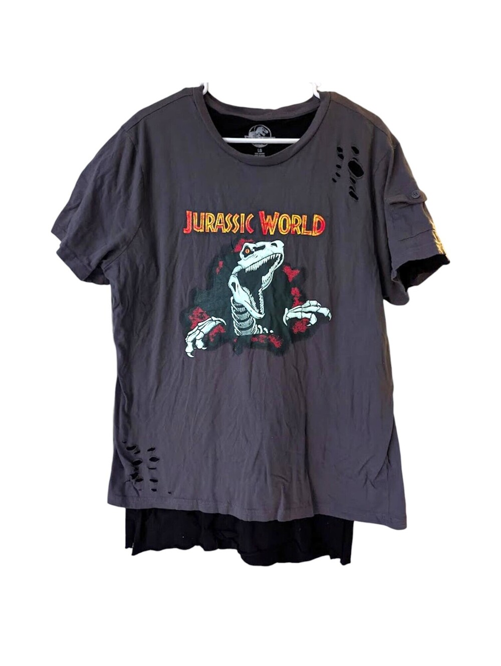 Jurassic World Mens L T-Shirt Double Layer Distressed Claw Mark Grey 22.5x32